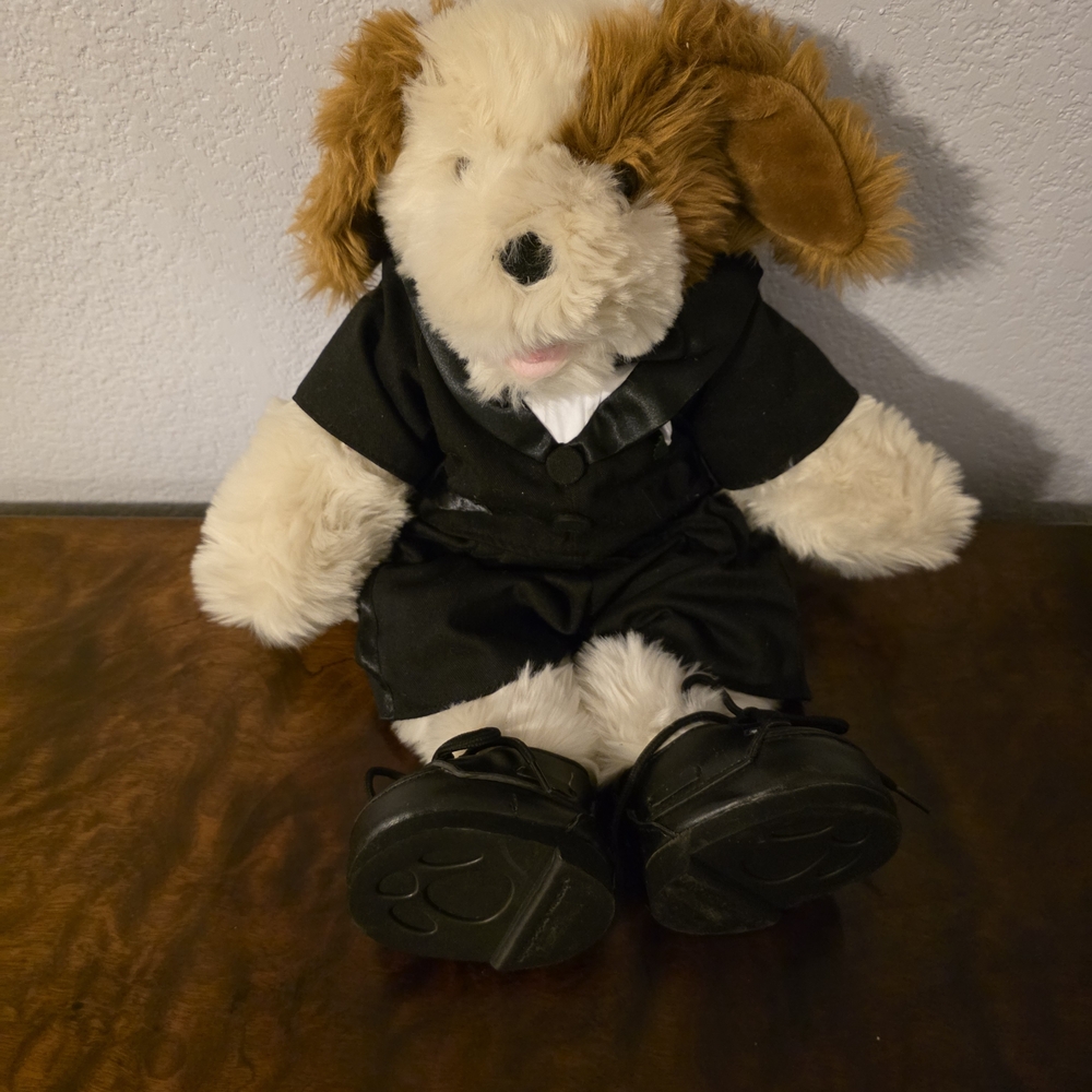 Build-A-Bear Cream and Brown Plush Dog in Black Outfit